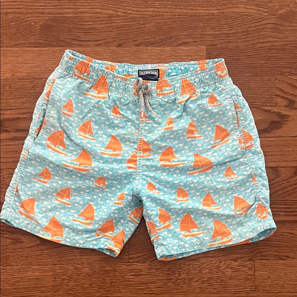 Vilebrequin Light Blue Swim Trunks with Orange Sailboat Print